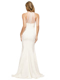 RightBrides Farah Long Sheath High Neck Sweetheart Sweep Train Sleeveless Ivory Stretch Crepe Bridesmaid Dress