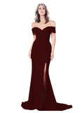 RightBrides Lemus Long Mermaid Sweetheart Floor Length Off the Shoulder Burgundy Gold Stretch Crepe Bridesmaid Dress