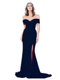 RightBrides Lemus Long Mermaid Sweetheart Floor Length Off the Shoulder Dark Navy Stretch Crepe Bridesmaid Dress