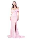 RightBrides Lemus Long Mermaid Sweetheart Floor Length Off the Shoulder Ice Pink Stretch Crepe Bridesmaid Dress