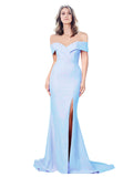 RightBrides Lemus Long Mermaid Sweetheart Floor Length Off the Shoulder Light Sky Blue Stretch Crepe Bridesmaid Dress