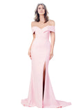 RightBrides Lemus Long Mermaid Sweetheart Floor Length Off the Shoulder Pink Stretch Crepe Bridesmaid Dress