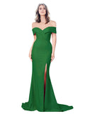 RightBrides Lemus Long Mermaid Sweetheart Floor Length Off the Shoulder Shamrock Green Stretch Crepe Bridesmaid Dress