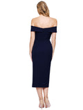 RightBrides Lesley-Midi Short Mermaid Off the Shoulder Sweetheart Midi Length Sleeveless Dark-Navy Stretch Crepe Bridesmaid Dress