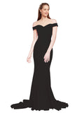 RightBrides Jannet Long Mermaid Off the Shoulder Sweetheart Sweep Train Floor Length Sleeveless Black Stretch Crepe Bridesmaid Dress