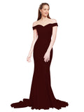 RightBrides Jannet Long Mermaid Off the Shoulder Sweetheart Sweep Train Floor Length Sleeveless Burgundy Gold Stretch Crepe Bridesmaid Dress