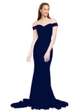 RightBrides Jannet Long Mermaid Off the Shoulder Sweetheart Sweep Train Floor Length Sleeveless Dark Navy Stretch Crepe Bridesmaid Dress