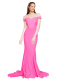 RightBrides Jannet Long Mermaid Off the Shoulder Sweetheart Sweep Train Floor Length Sleeveless Fuchsia Stretch Crepe Bridesmaid Dress