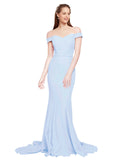 RightBrides Jannet Long Mermaid Off the Shoulder Sweetheart Sweep Train Floor Length Sleeveless Light Sky Blue Stretch Crepe Bridesmaid Dress