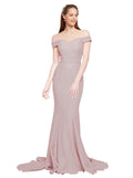 RightBrides Jannet Long Mermaid Off the Shoulder Sweetheart Sweep Train Floor Length Sleeveless Primrose Stretch Crepe Bridesmaid Dress