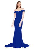 RightBrides Jannet Long Mermaid Off the Shoulder Sweetheart Sweep Train Floor Length Sleeveless Royal Blue Stretch Crepe Bridesmaid Dress