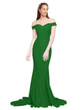 RightBrides Jannet Long Mermaid Off the Shoulder Sweetheart Sweep Train Floor Length Sleeveless Shamrock Green Stretch Crepe Bridesmaid Dress