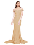 RightBrides Jannet Long Mermaid Off the Shoulder Sweetheart Sweep Train Floor Length Sleeveless Topaz Stretch Crepe Bridesmaid Dress