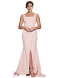 RightBrides Bohon Split Dress with Sweep Train Long Sheath Square Neck Sweep Train Sleeveless Mauve Stretch Crepe Bridesmaid Dress