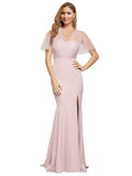 RightBrides Marilla Long Sheath Sweetheart One Shoulder Floor Length Short Sleeves Mauve Stretch Crepe Tulle Bridesmaid Dress