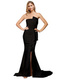 RightBrides Miami Long Sheath Strapless Sweep Train Floor Length Sleeveless Black Stretch Crepe Bridesmaid Dress