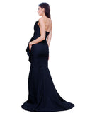 RightBrides Miami Long Sheath Strapless Sweep Train Floor Length Sleeveless Dark Navy Stretch Crepe Bridesmaid Dress