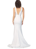 RightBrides Stellina Long Sheath V-Neck Sweep Train Floor Length Sleeveless Ivory Stretch Crepe Bridesmaid Dress