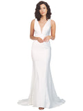 RightBrides Stellina Long Sheath V-Neck Sweep Train Floor Length Sleeveless Ivory Stretch Crepe Bridesmaid Dress