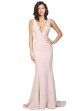 RightBrides Stellina Long Sheath V-Neck Sweep Train Floor Length Sleeveless Pink Stretch Crepe Bridesmaid Dress