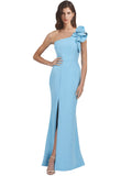 RightBrides Topia Long Sheath One Shoulder Floor Length Sleeveless Peacock-Blue Stretch Crepe Bridesmaid Dress